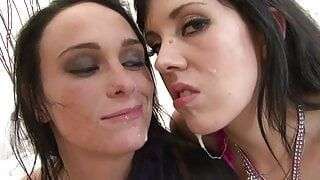 Blond and brunette sluts in gangbang orgy