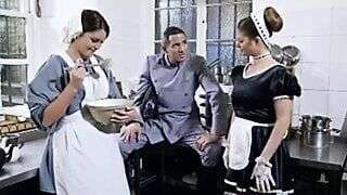 British maids in stockings get fucked in a FFM threesome