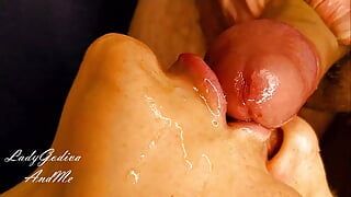 Close up – Sensual blowjob with mouth, tongue and lips, ball licking and cum swallowing! 💦 Lots of saliva – Slut wife – Amateur