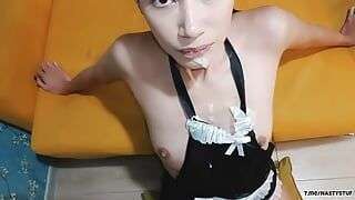 During lunch break, an Asian housekeeper gets fucked in the ass in different positions and cums in her mouth