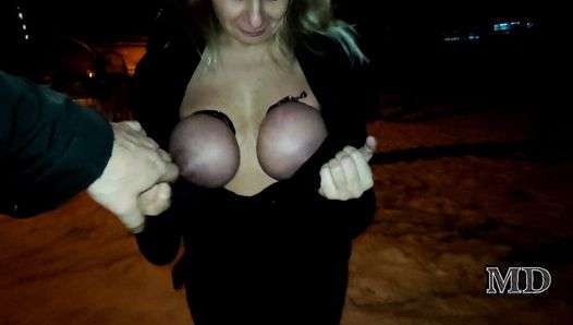 I picked up a beautiful prostitute with big tits on the street in winter.  BDSM