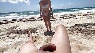 Slutty teen sucks dick at the beach, public blowjob, nude beach, public sex