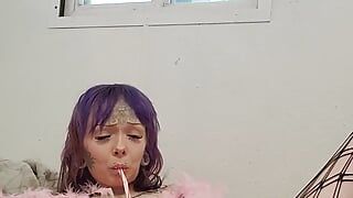 Stretching with a dragon dildo