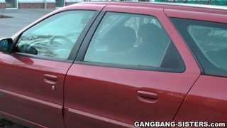 Car slut Nikki and cum loving women suck cock in the car salon.