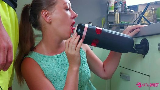 Girl try to simulate a threesome and test an amazing sex toy – male masturbator