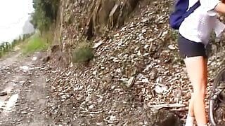 Horny German blonde masturbating on a mountain