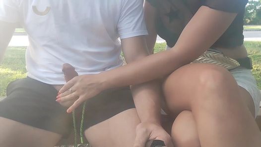 I flash my tits and play with his cock on the bench