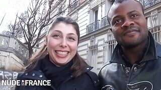 Sleezy French brunette sucks black and white cock