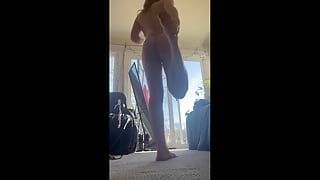 Dirty Blonde PAWG Thick Thighs Stretching in Peach Thong