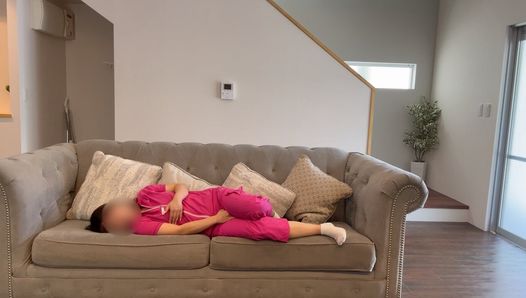 A cute woman masturbating with the sofa wet