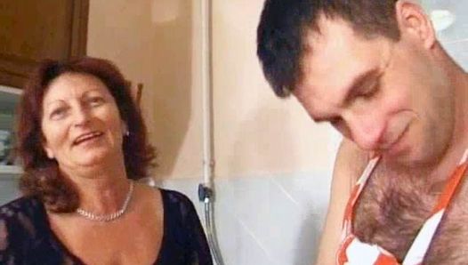 Granny Gets Her Hairy Pussy Stuffed In The Kitchen