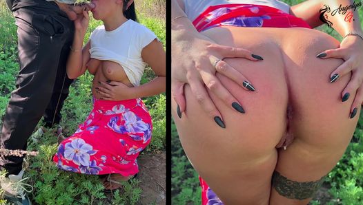 Doggystyle creampie with blowjob in nature from a girl in a dress