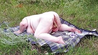 fat girl masturbates pussy with toys in nature