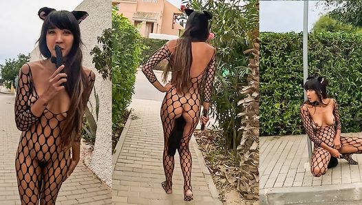 Horny Cat Costume with Butt Plug Tail Public Challenge – Asian Latin DaringKiara Exhibitionist Risky Public Nudity Challenge