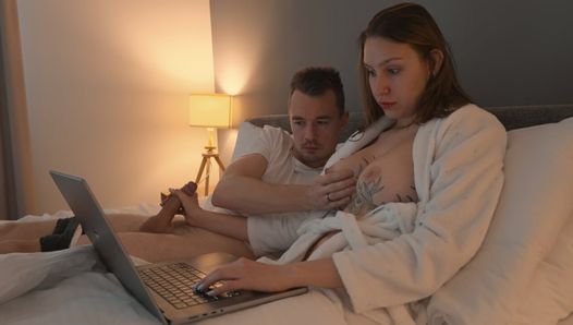 MILF helps to cum Neighbour in share bed with hand job and tight pussy, but can’t…