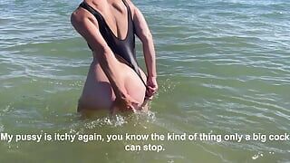 On the public beach, my husband has to keep the chastity cage