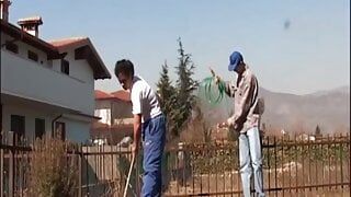 Two young workers fuck the granny!