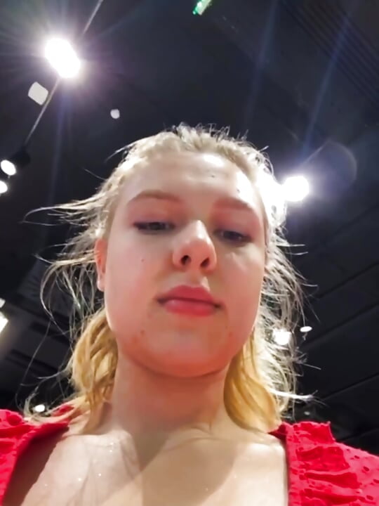 Dripping a lot and fingering her pink pussy in public