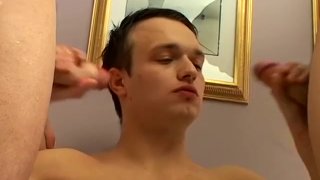 Young gay trio blowing pissing cocks until one earns facial